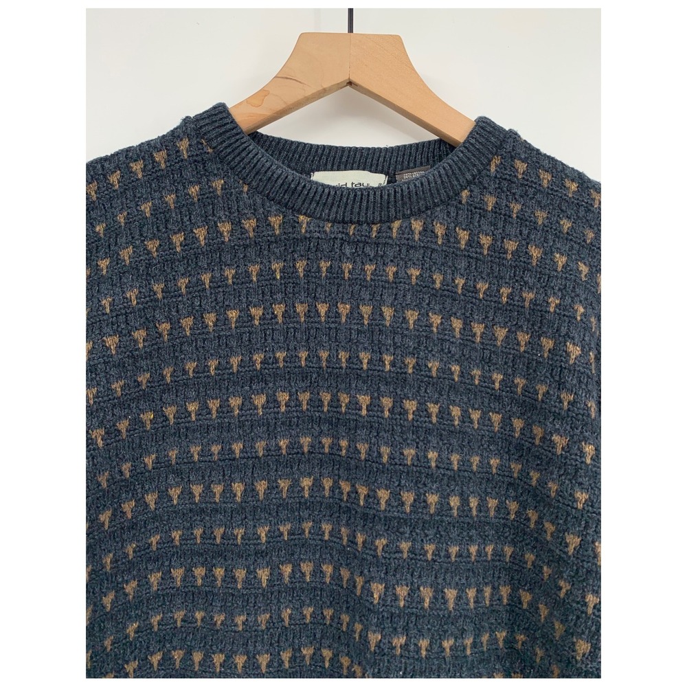 Vintage David Taylor Sweater Mens Large Blue Tan Knit Geometric Thick Cotton 90s